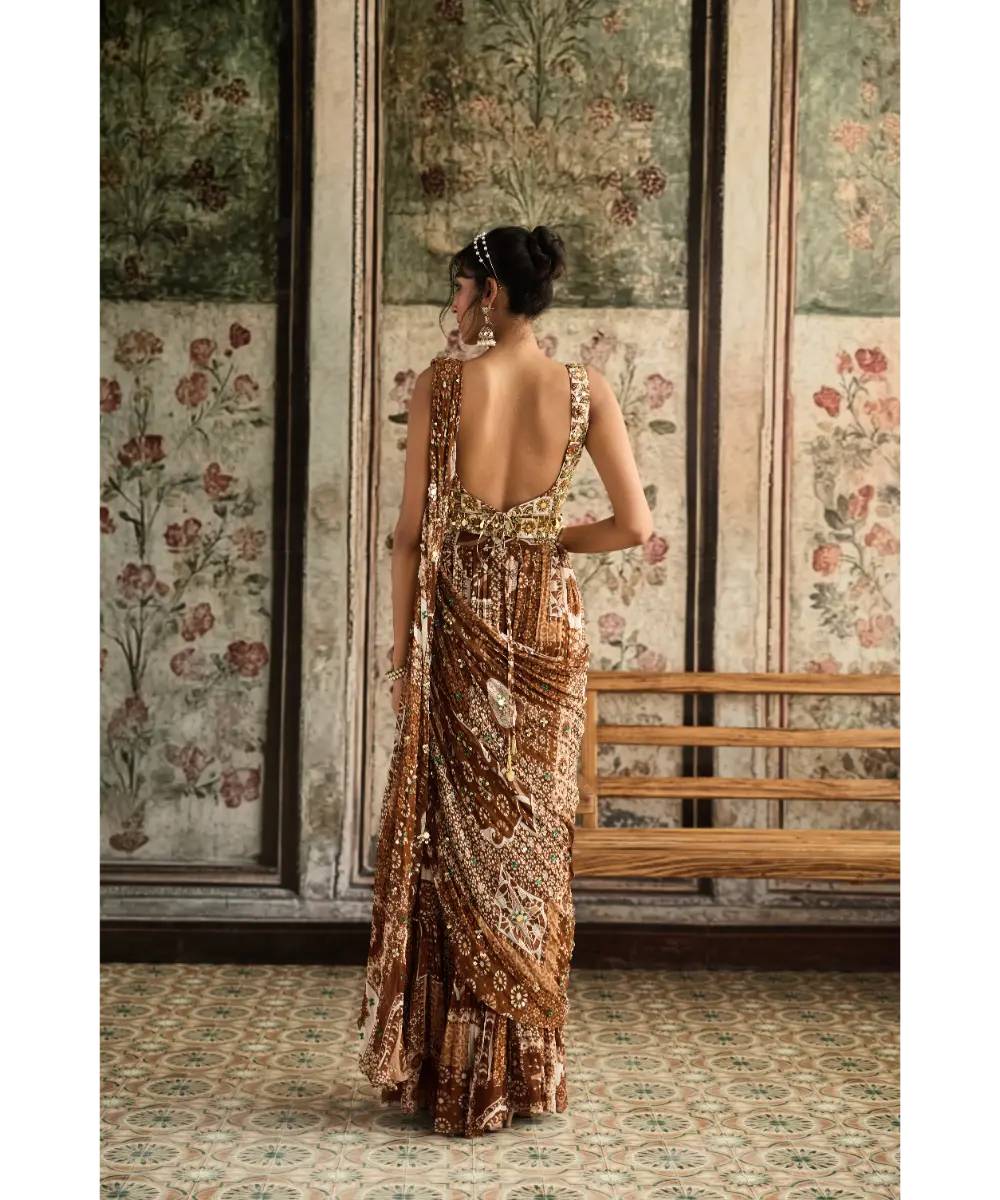 DIYARAJVVIR - Ivory Butta Print and Highlighted Square Neck Blouse with Caramel Print and Highlighted Tiered Skirt Saree Set